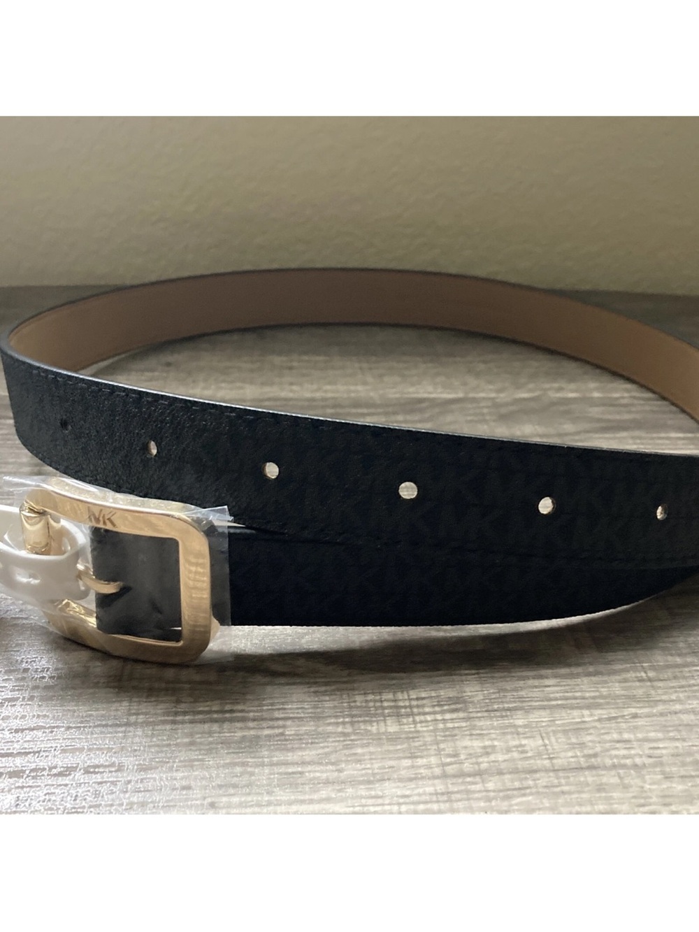 Michael Kors XL mens Black Signature Logo Belt with Gold Buckle